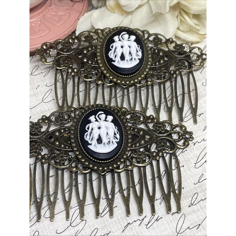 Pair Bronze Barrette Jewelry Hair Combs Cameo Wedding 3 Muses Muse Graces Black